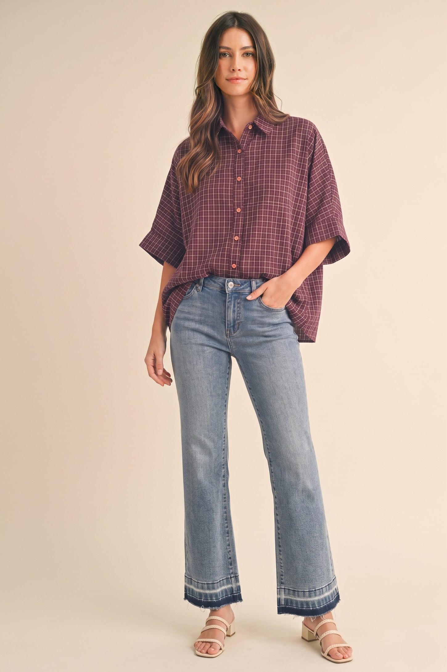 Merlot Oversized Check Plaid Button Down Shirt