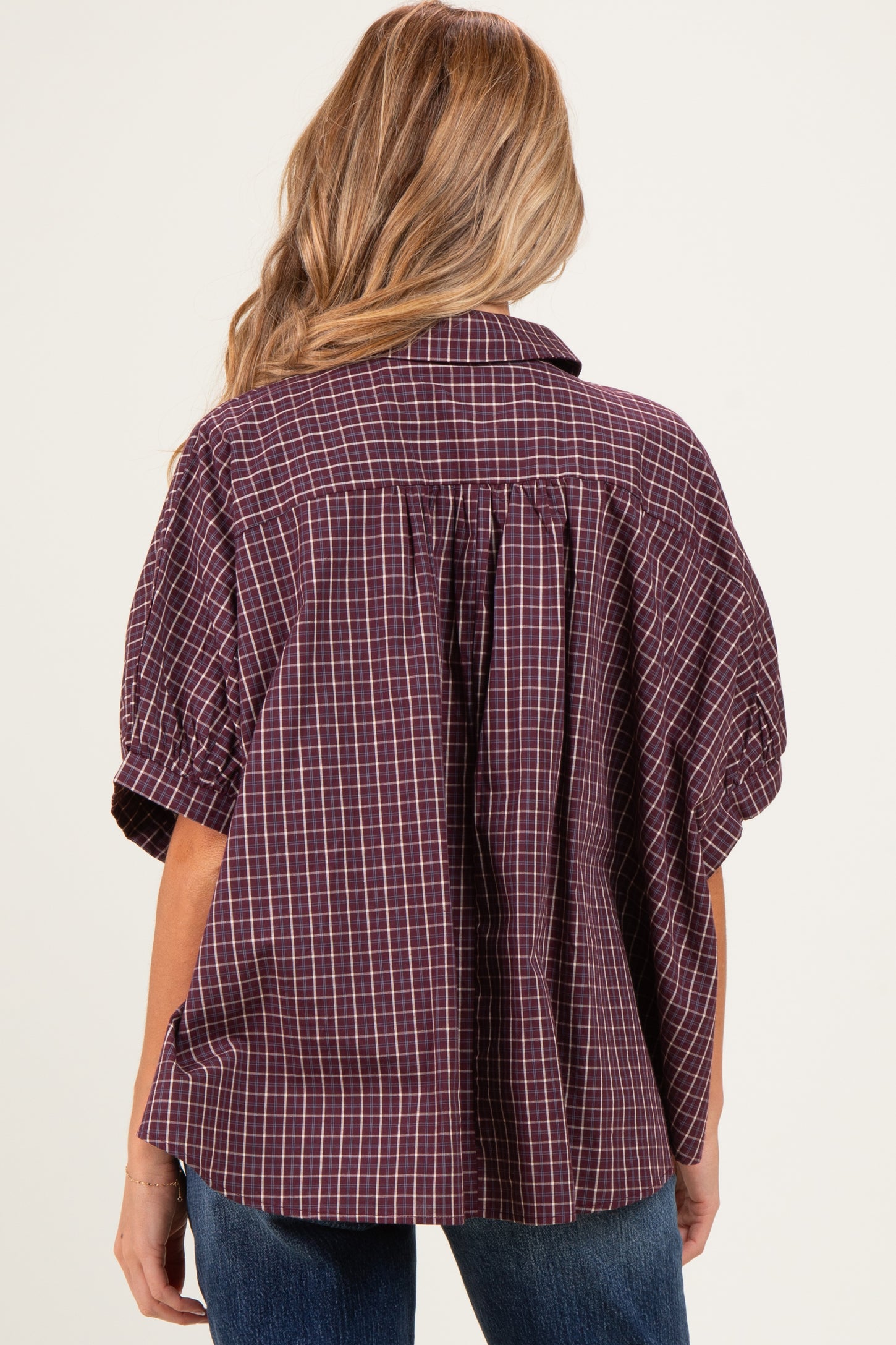 Merlot Oversized Check Plaid Maternity Button Down Shirt