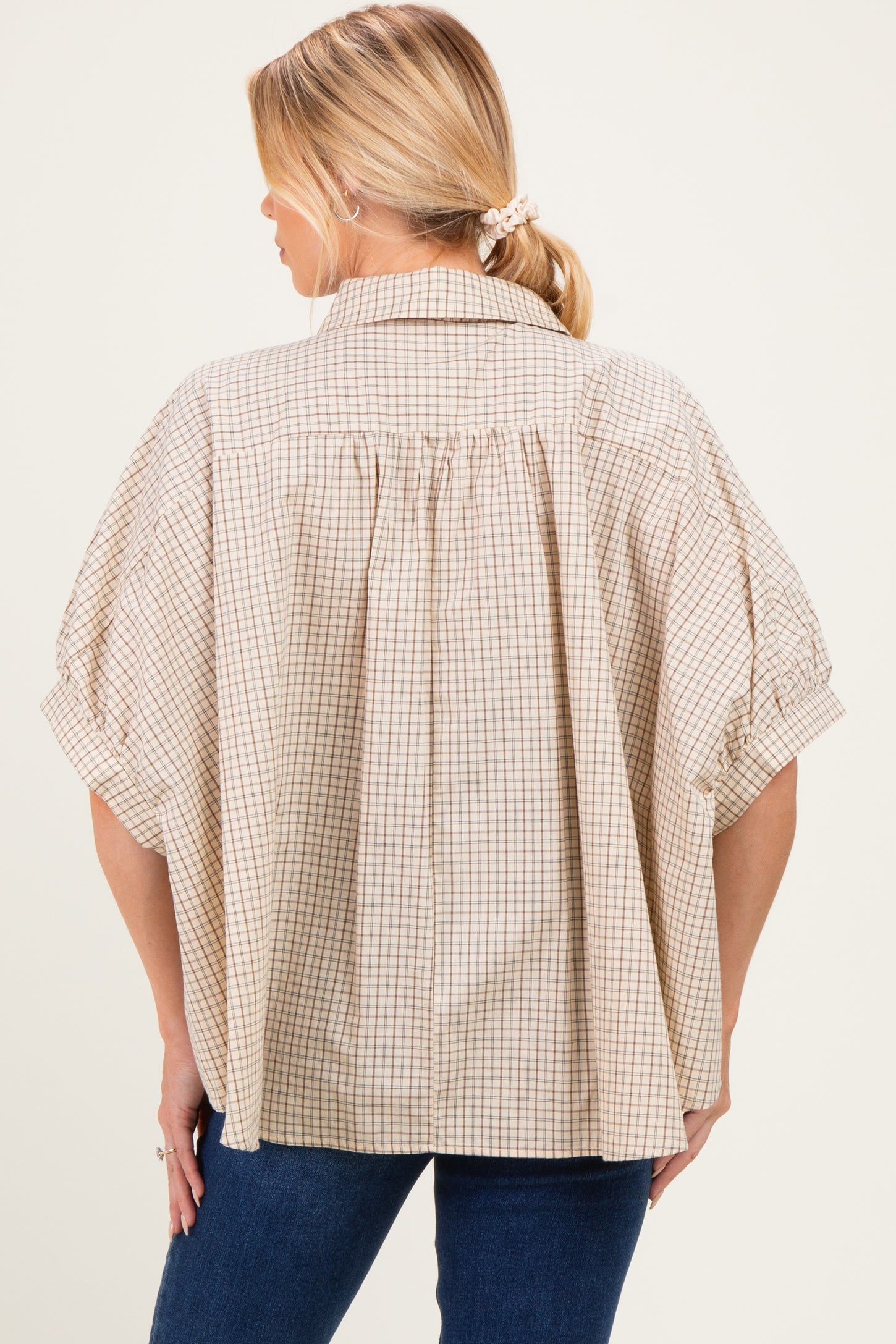 Oatmeal Oversized Check Plaid Maternity Button Down Shirt