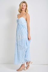 Light Blue Mixed Lace Sleeveless Midi Dress