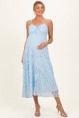 Light Blue Mixed Lace Sleeveless Maternity Midi Dress