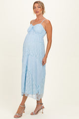 Light Blue Mixed Lace Sleeveless Maternity Midi Dress
