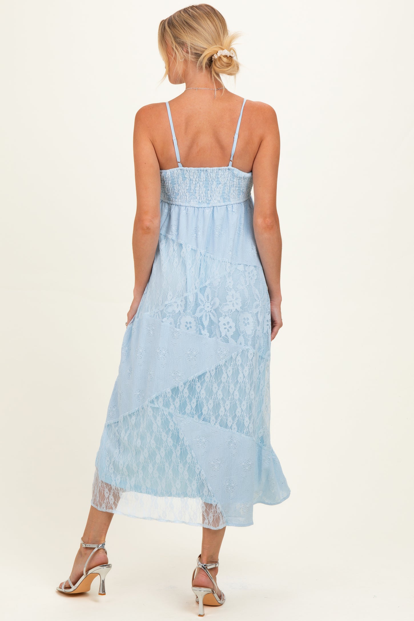 Light Blue Mixed Lace Sleeveless Maternity Midi Dress