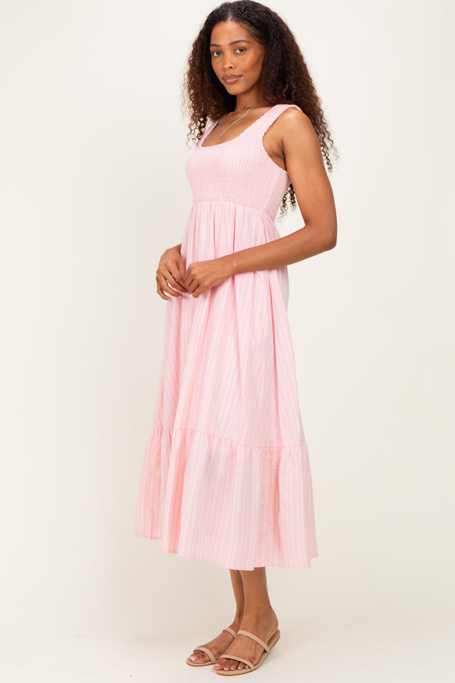 Pink Smocked Striped Sleeveless Maxi Dress