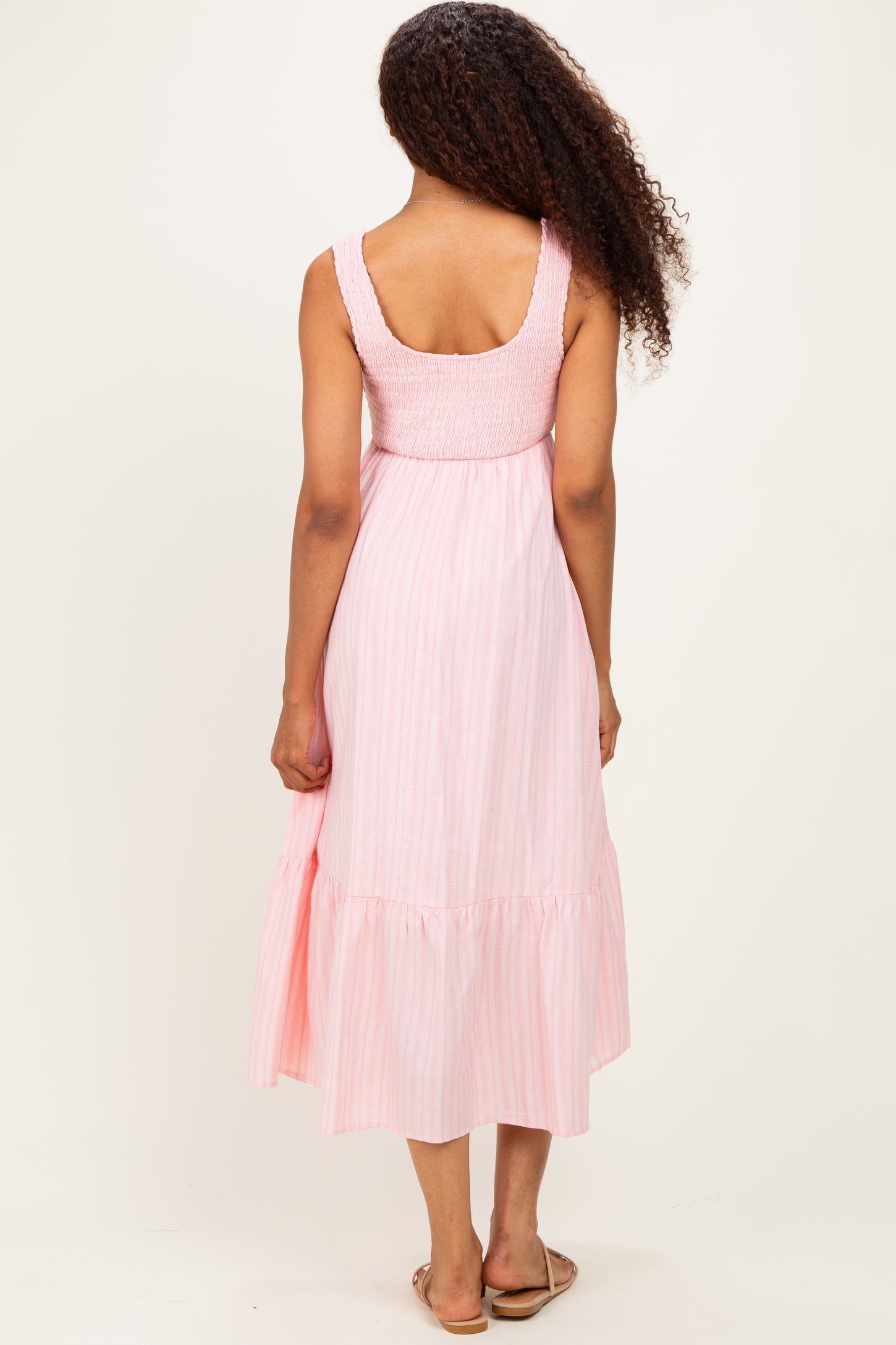 Pink Smocked Striped Sleeveless Maxi Dress