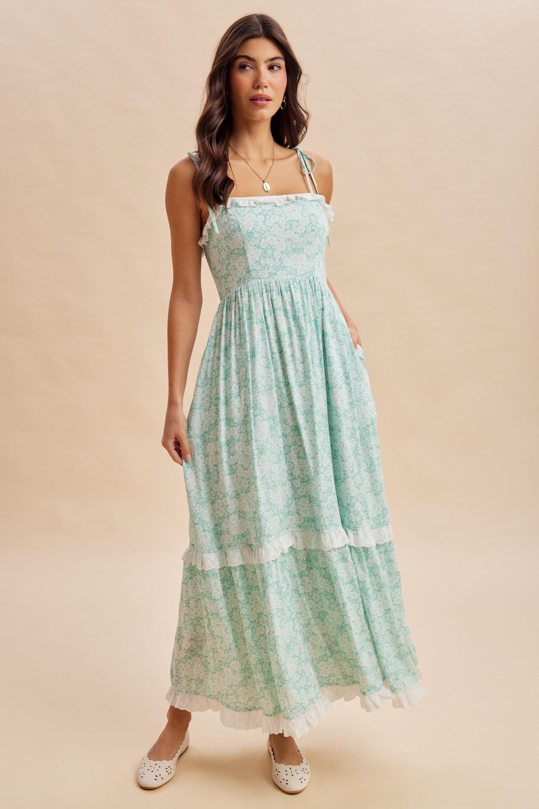 Jelly Mint Floral Shoulder Tie Ruffle Detail Maxi Dress