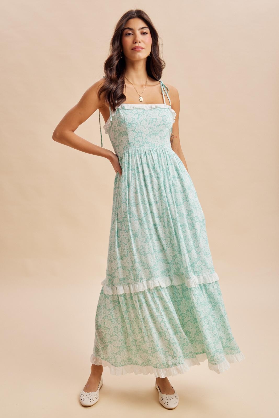 Jelly Mint Floral Shoulder Tie Ruffle Detail Maxi Dress