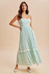 Jelly Mint Floral Shoulder Tie Ruffle Detail Maxi Dress