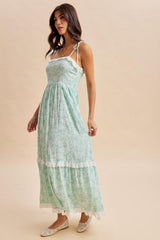 Jelly Mint Floral Shoulder Tie Ruffle Detail Maxi Dress