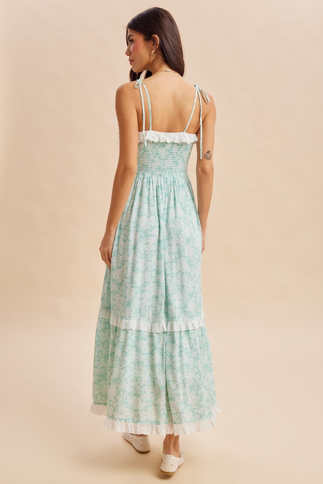 Jelly Mint Floral Shoulder Tie Ruffle Detail Maxi Dress