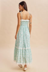 Jelly Mint Floral Shoulder Tie Ruffle Detail Maxi Dress