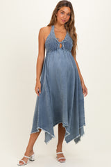 Light Denim Smocked Halter Handkerchief Maternity Dress