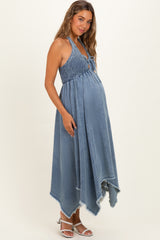 Light Denim Smocked Halter Handkerchief Maternity Dress