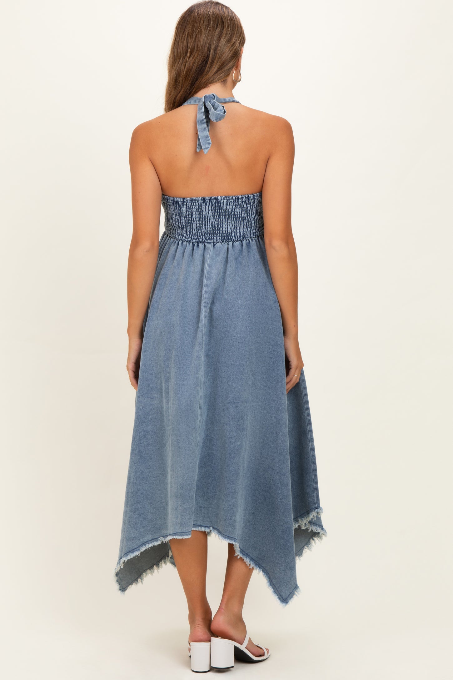 Light Denim Smocked Halter Handkerchief Maternity Dress