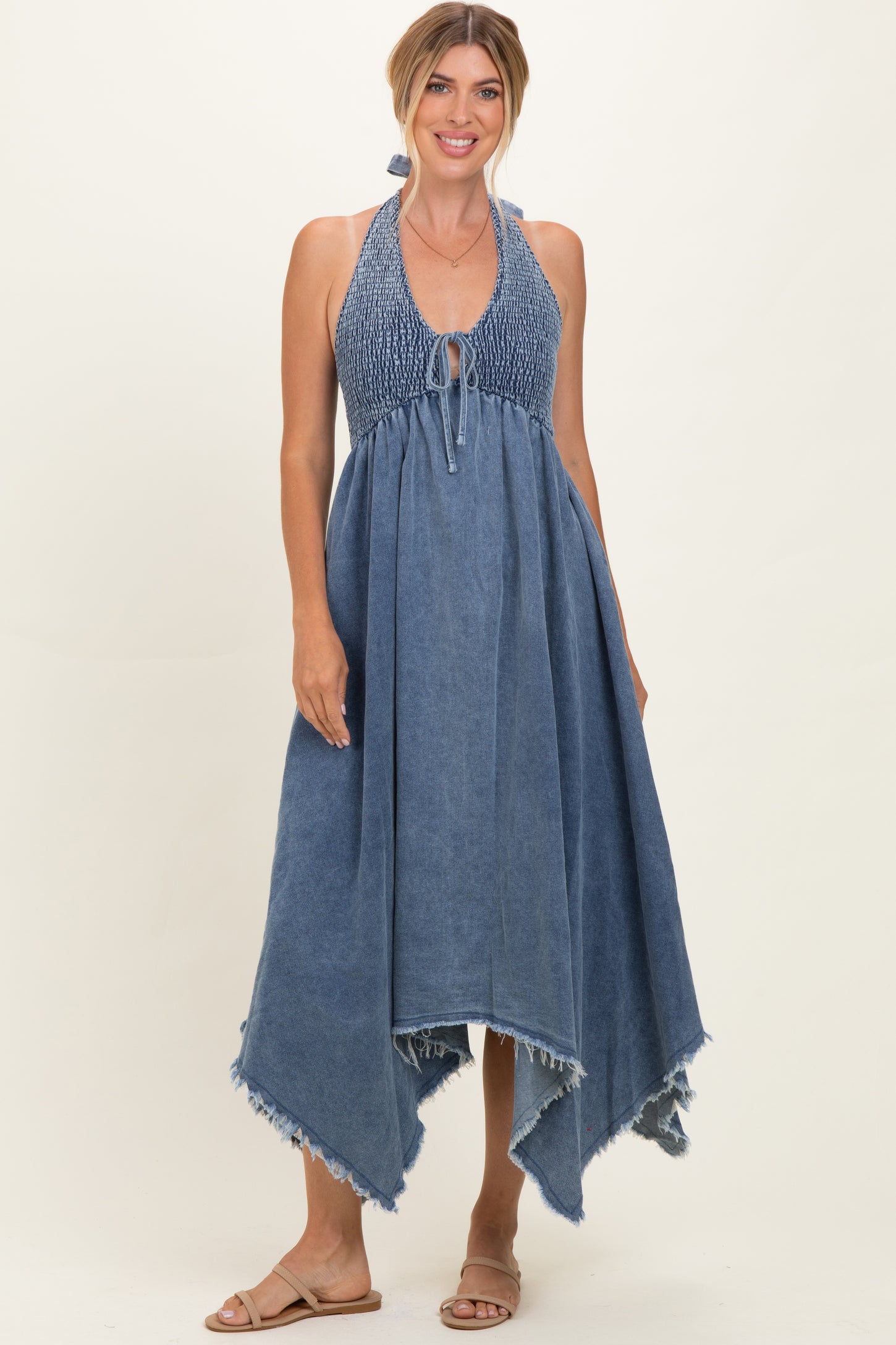 Light Denim Smocked Halter Handkerchief Maternity Dress