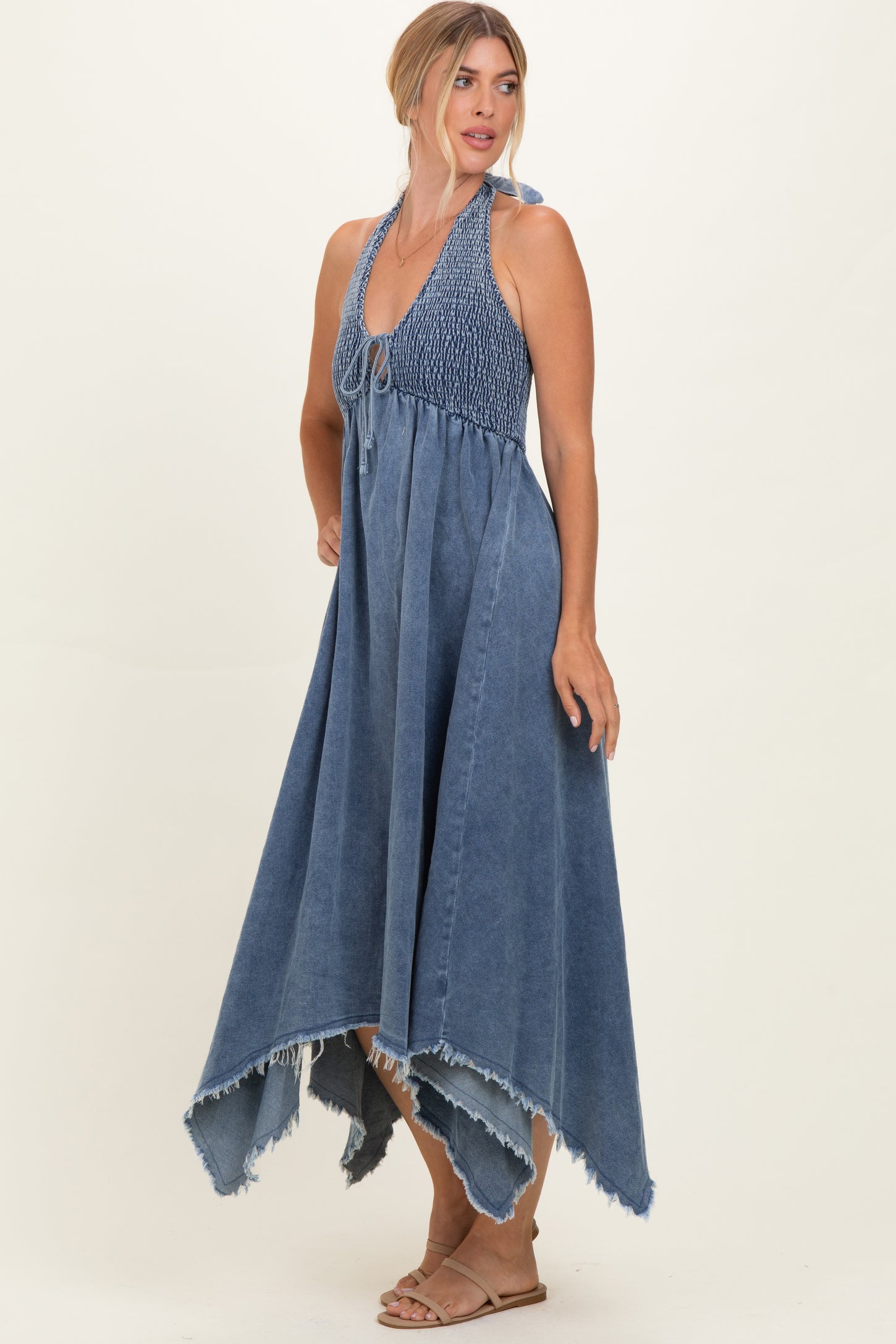 Light Denim Smocked Halter Handkerchief Dress