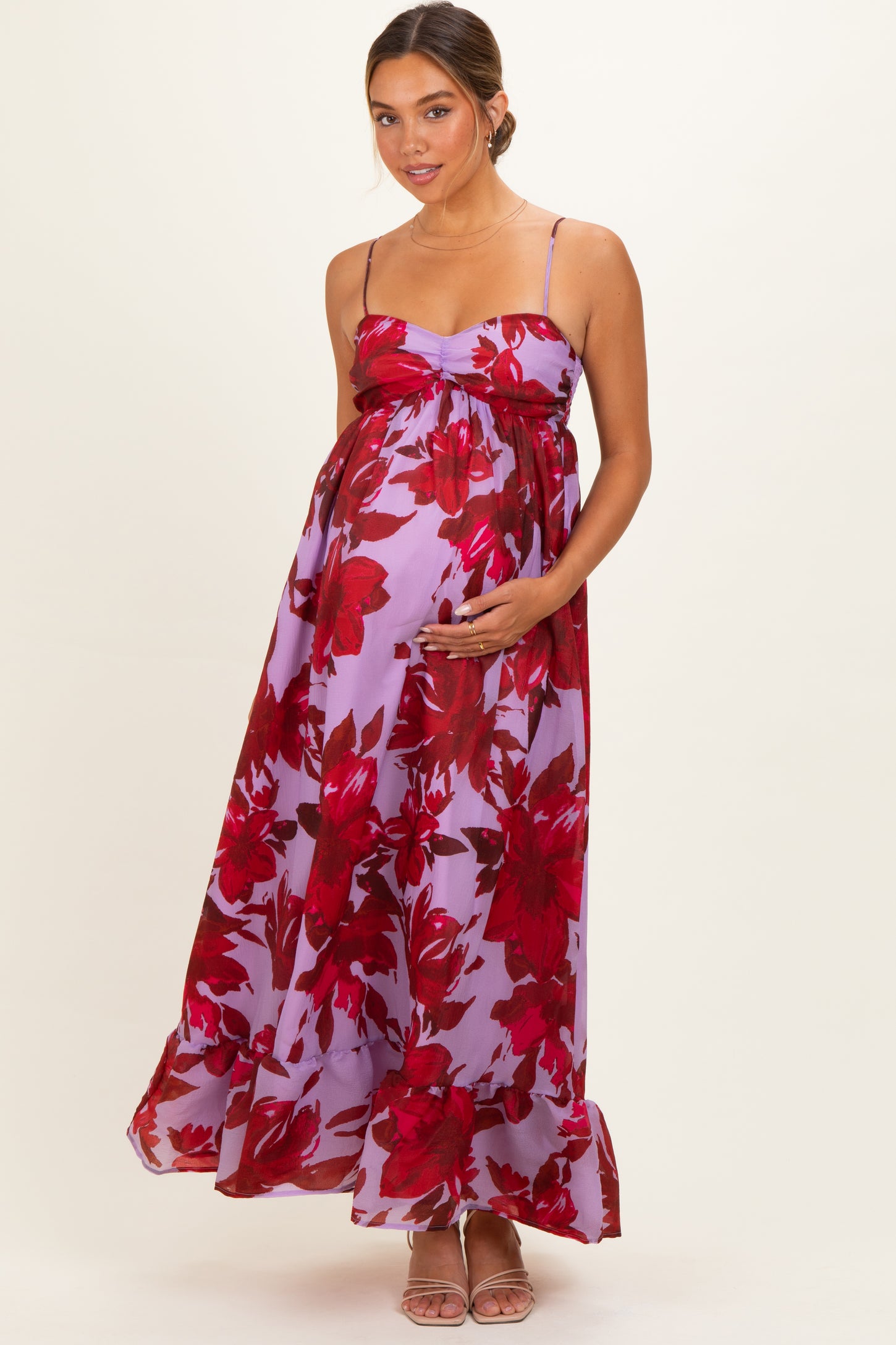 Lavender Floral Ruffle Hem Maternity Maxi Dress
