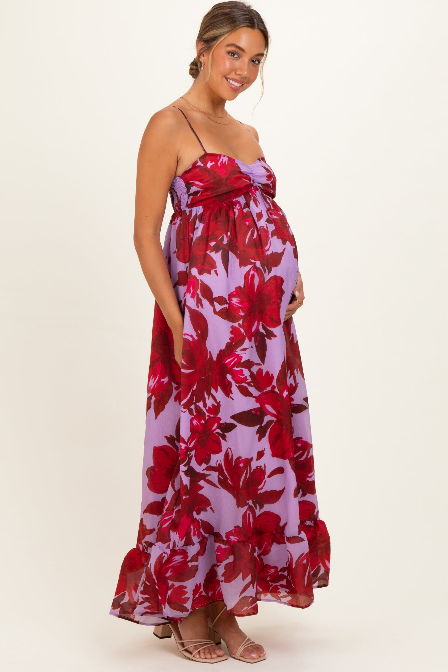 Lavender Floral Ruffle Hem Maternity Maxi Dress