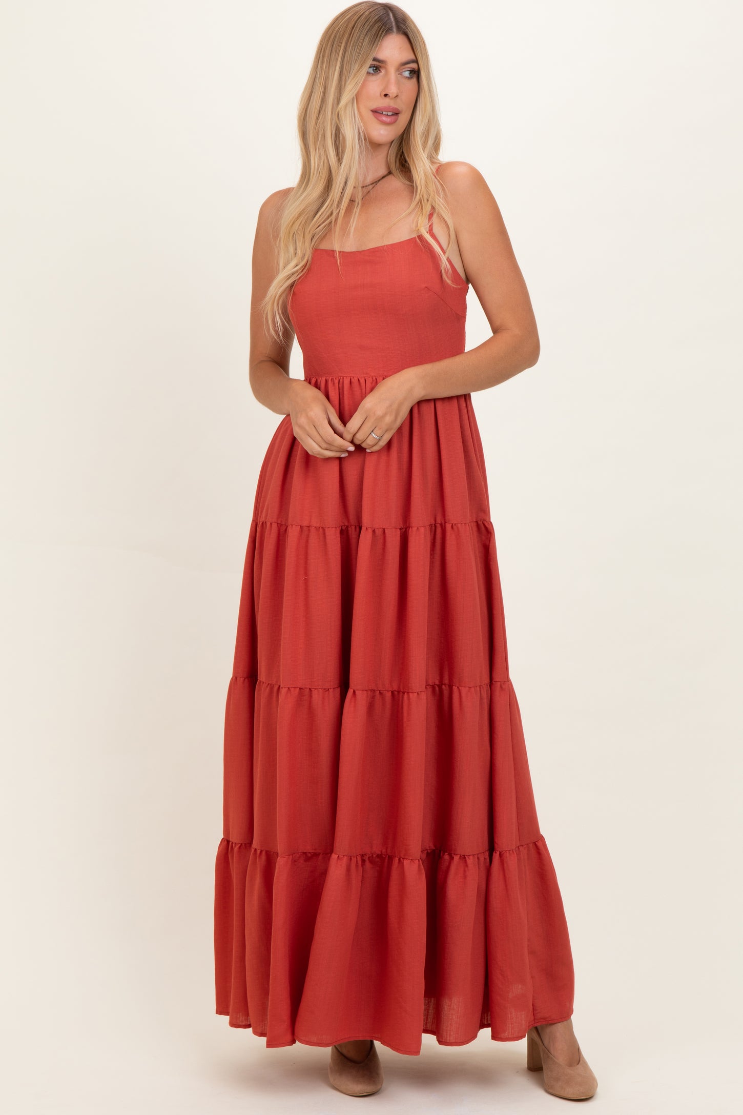 Bronze Sleeveless Tiered Maxi Dress