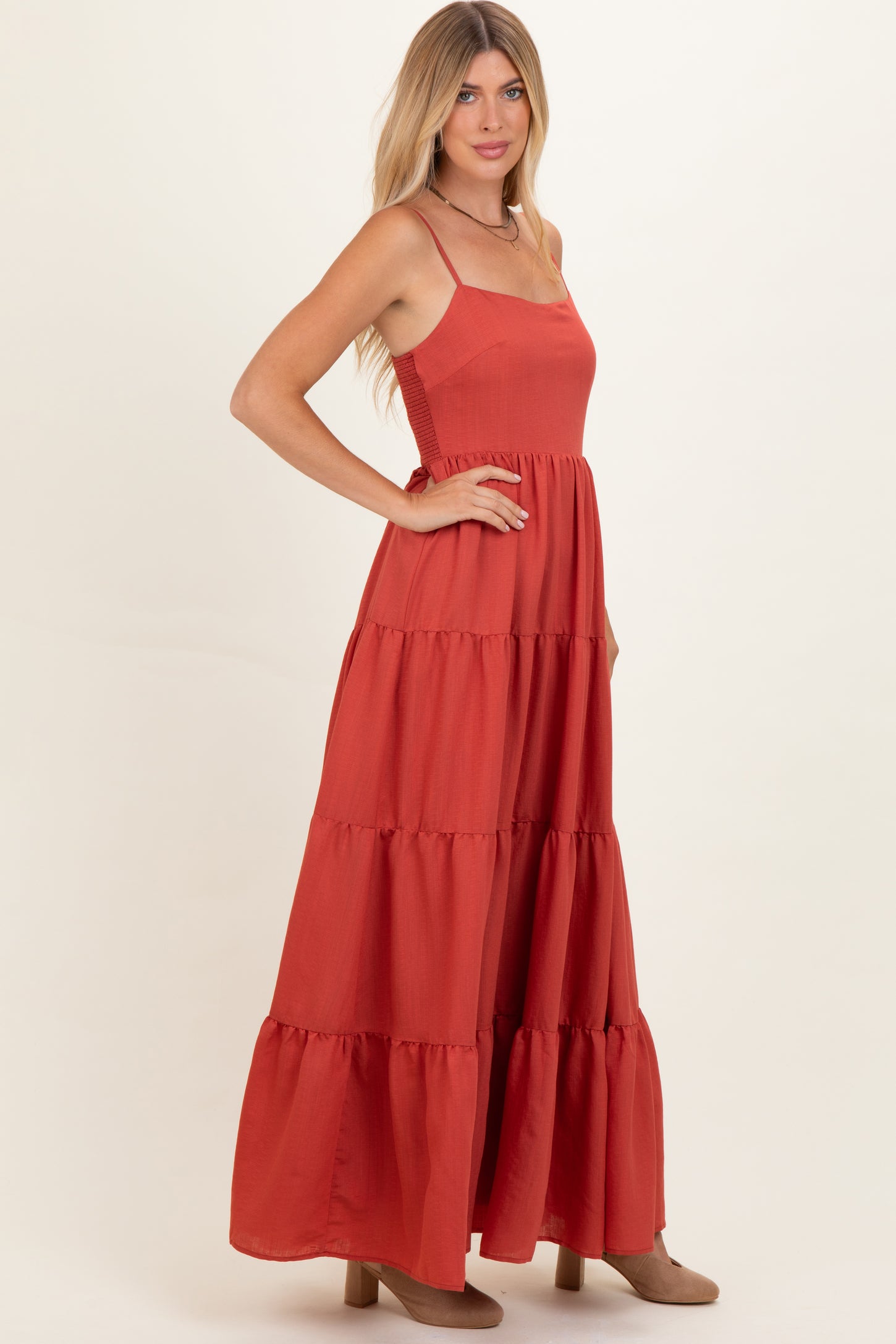 Bronze Sleeveless Tiered Maxi Dress
