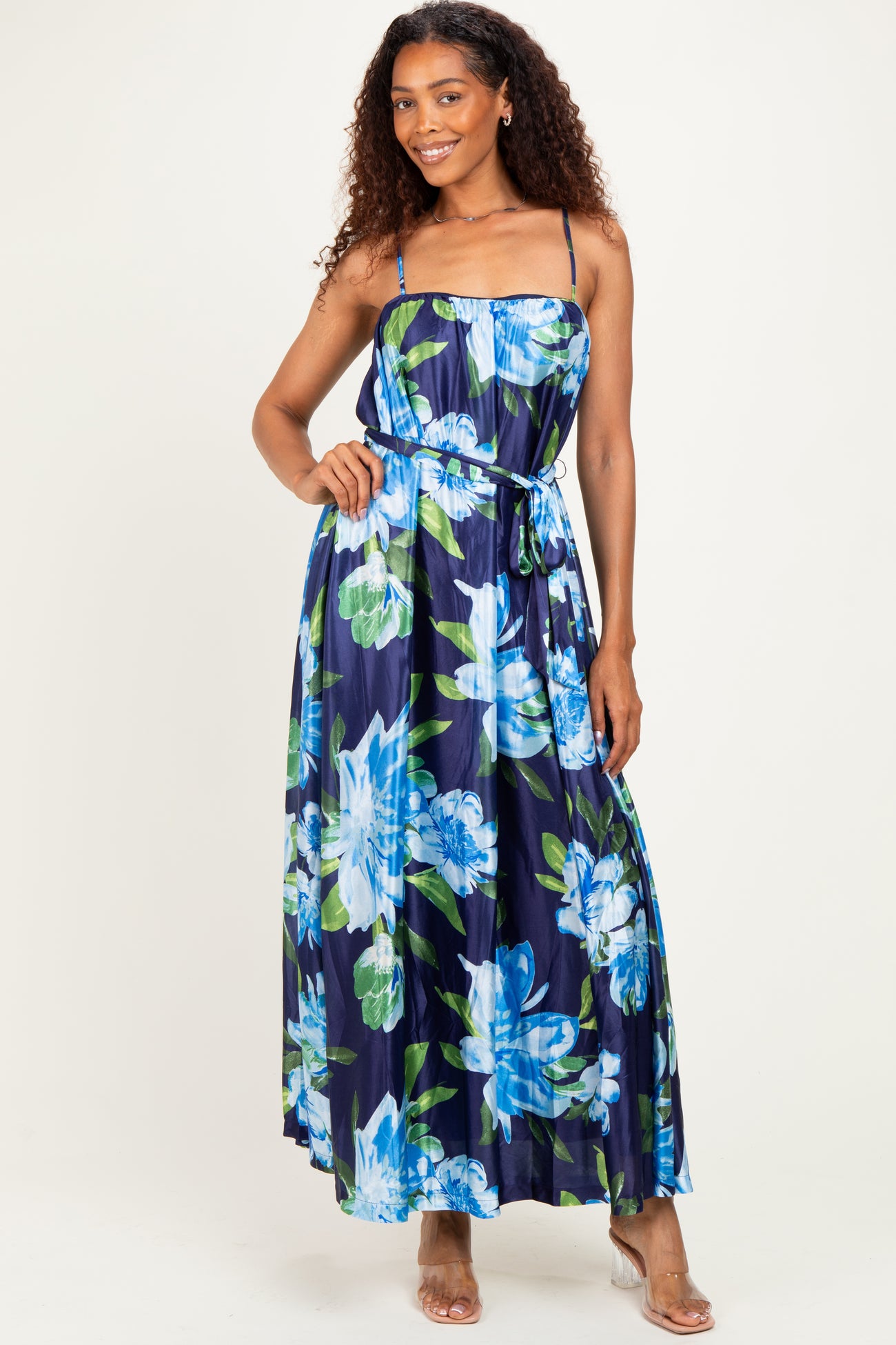 Navy Floral Waist Tie Maternity Maxi Dress