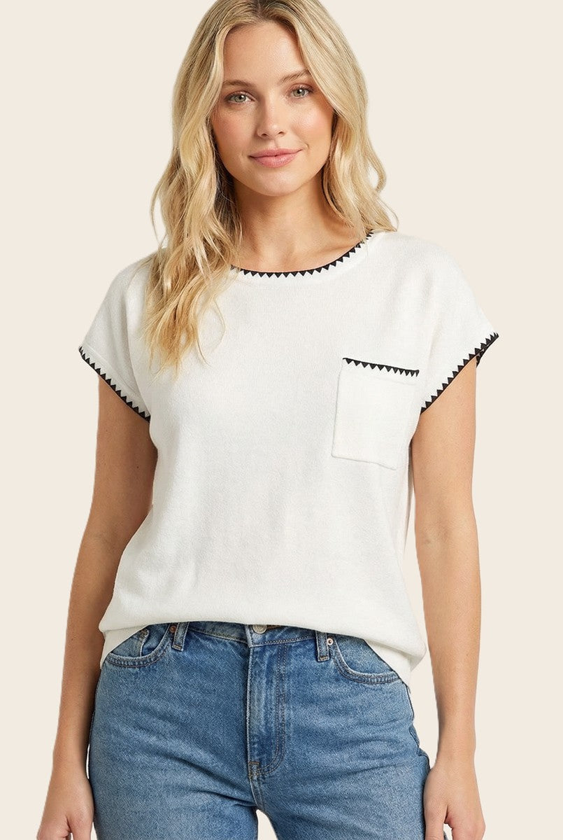 White Contrast Stitch Knit Top