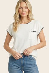 White Contrast Stitch Knit Top