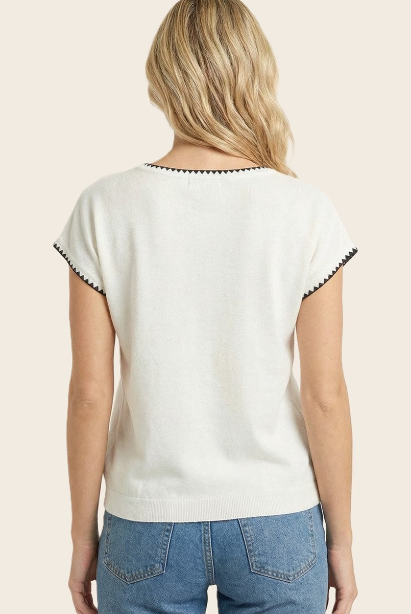 White Contrast Stitch Knit Top