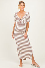 Cream/ Brown Striped Knit Short Sleeve Maternity Maxi Dress
