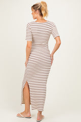 Cream/ Brown Striped Knit Short Sleeve Maternity Maxi Dress