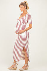 Cream/ Burgundy Striped Knit Short Sleeve Maternity Maxi Dress