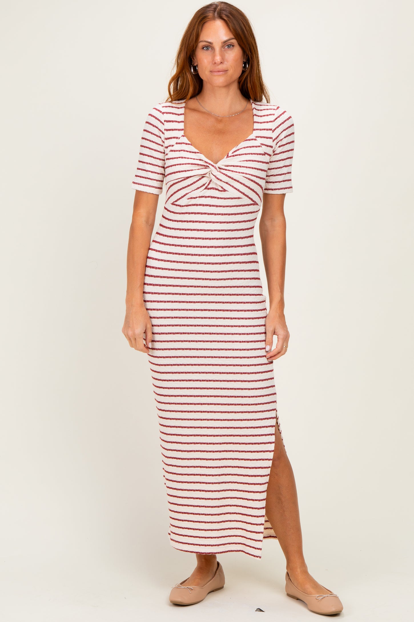 Cream/ Burgundy Striped Knit Short Sleeve Maxi Dress