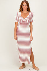 Cream/ Burgundy Striped Knit Short Sleeve Maxi Dress