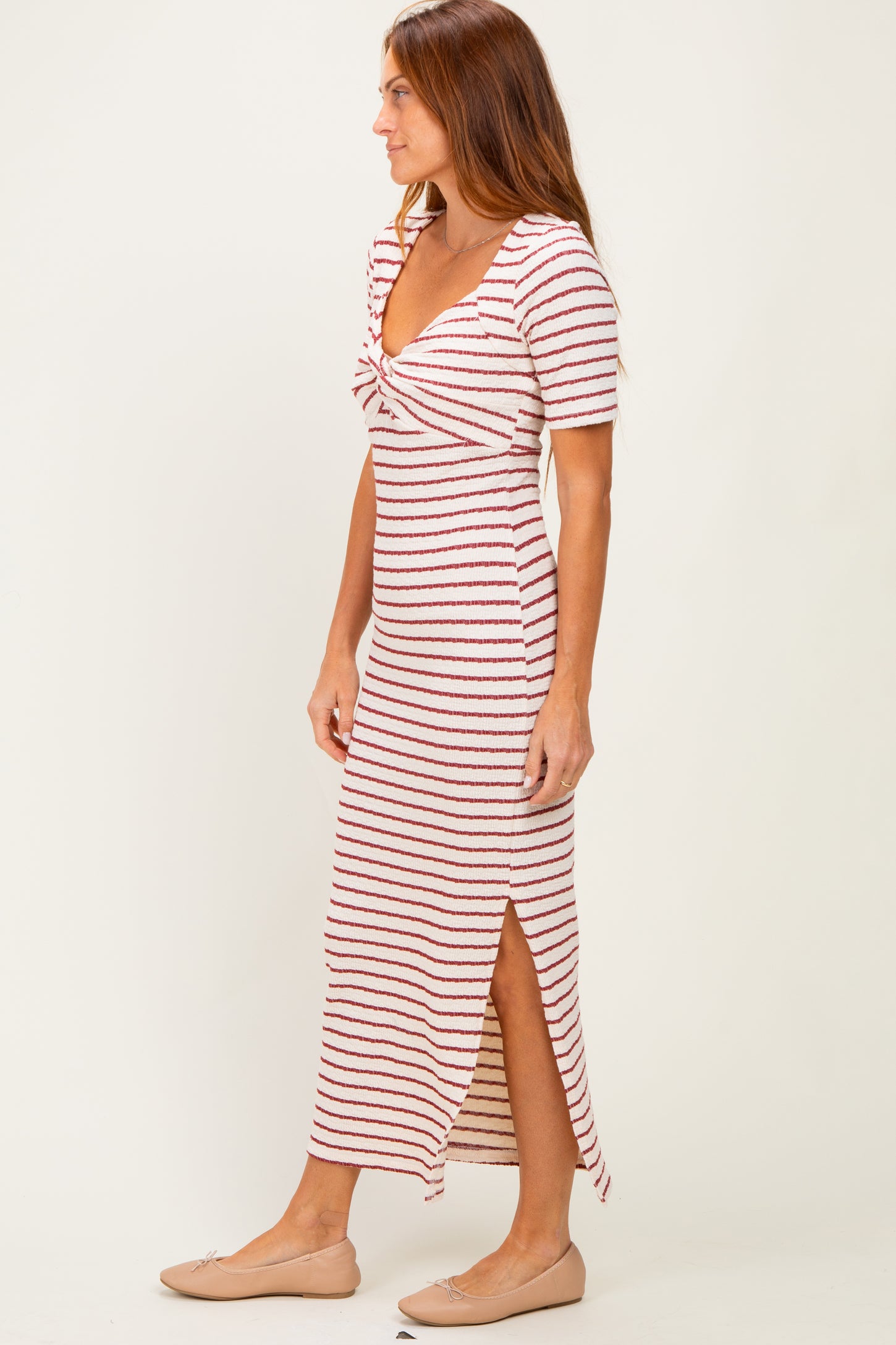 Cream/ Burgundy Striped Knit Short Sleeve Maxi Dress