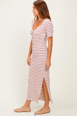 Cream/ Burgundy Striped Knit Short Sleeve Maxi Dress