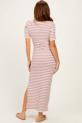 Cream/ Burgundy Striped Knit Short Sleeve Maxi Dress