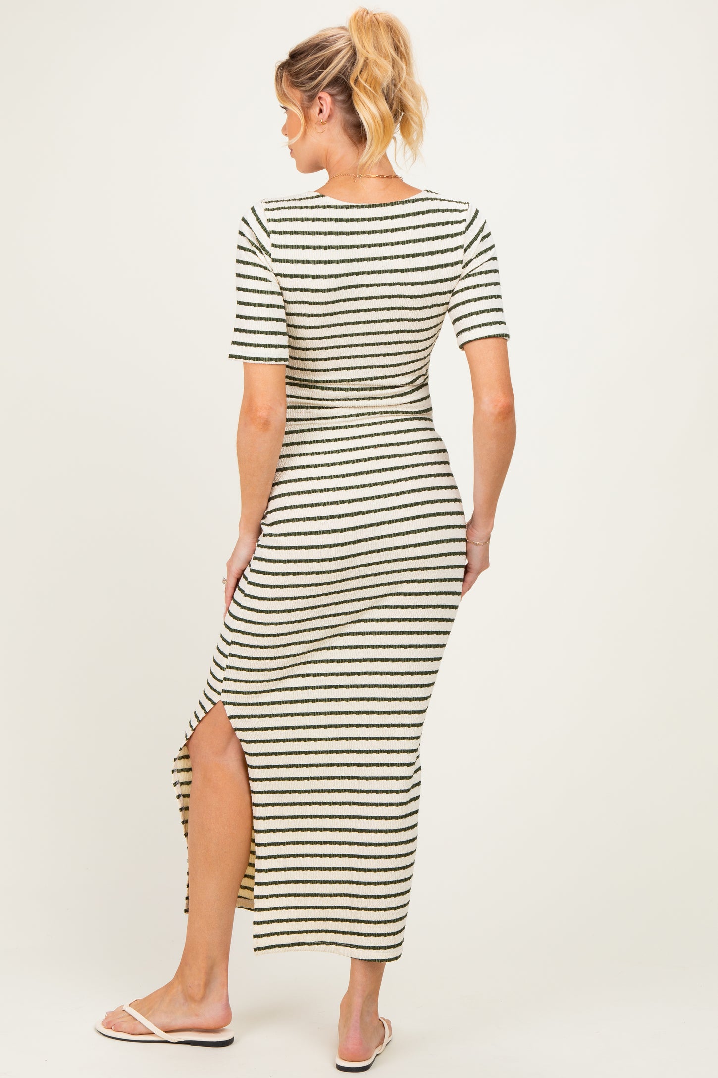Cream/ Olive Striped Knit Short Sleeve Maternity Maxi Dress