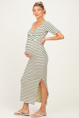 Cream/ Olive Striped Knit Short Sleeve Maternity Maxi Dress