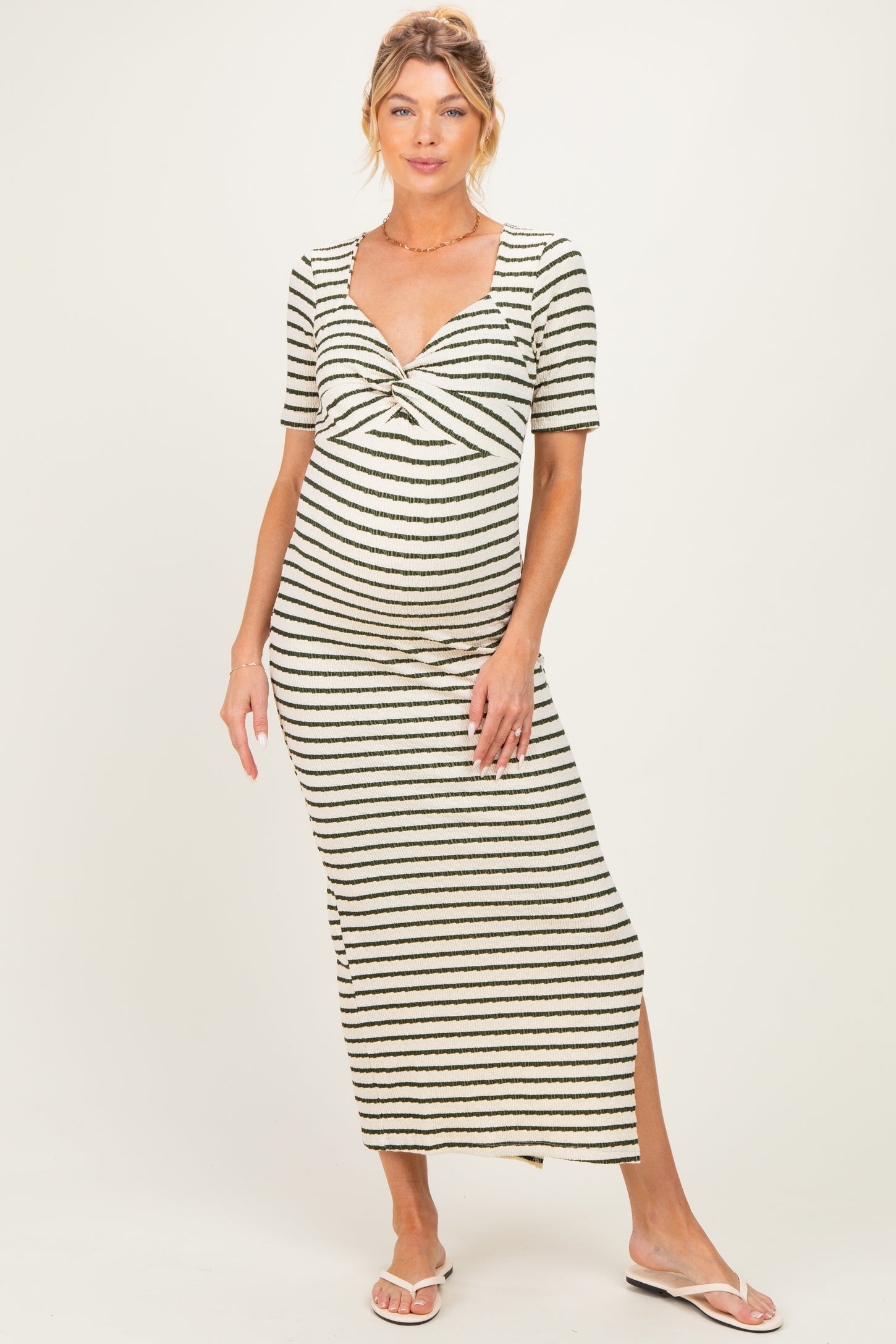 Cream/ Olive Striped Knit Short Sleeve Maternity Maxi Dress