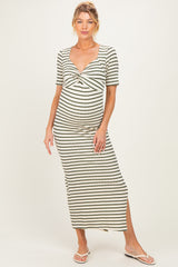 Cream/ Olive Striped Knit Short Sleeve Maternity Maxi Dress