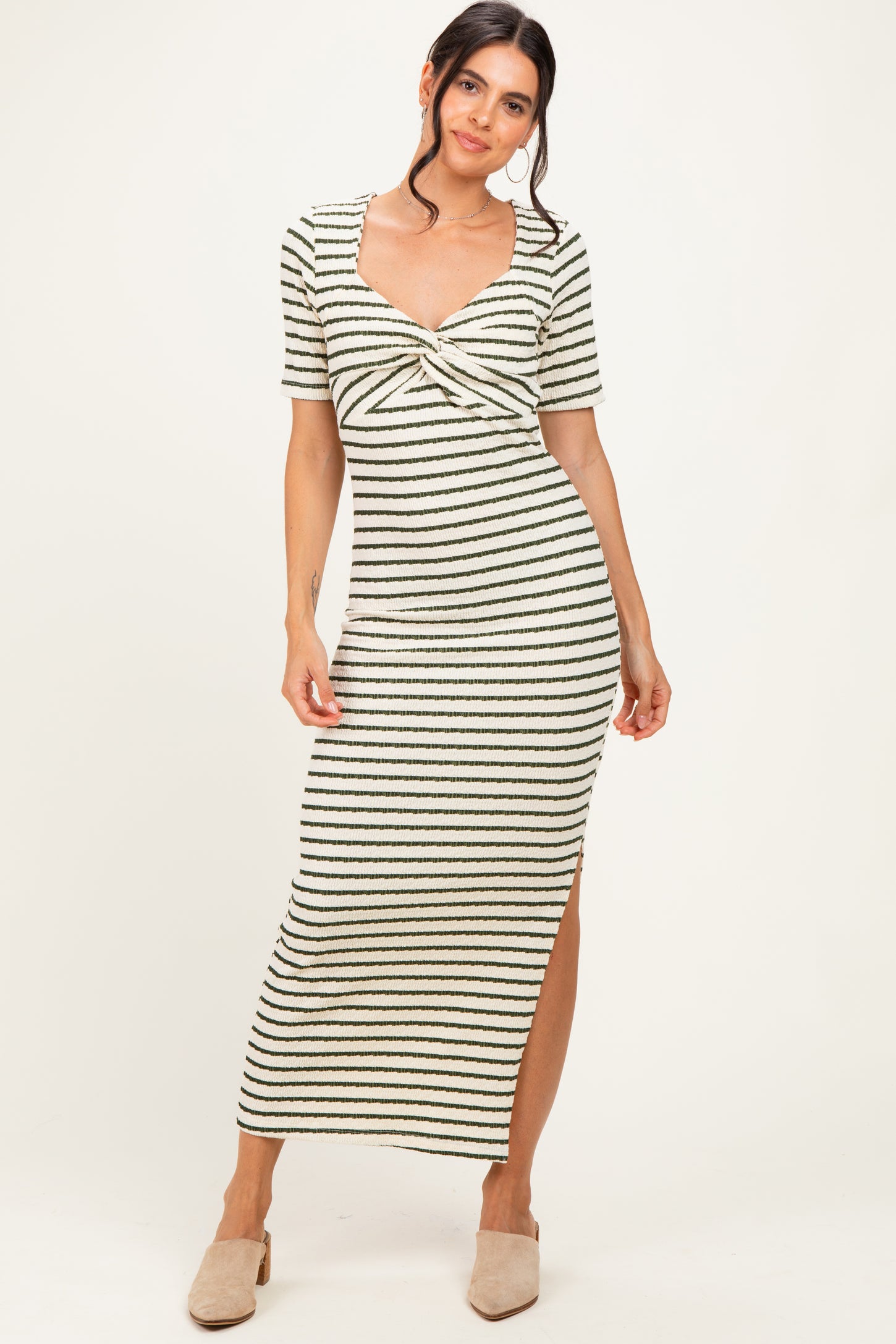 Cream/ Olive Striped Knit Short Sleeve Maxi Dress