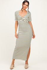 Cream/ Olive Striped Knit Short Sleeve Maxi Dress