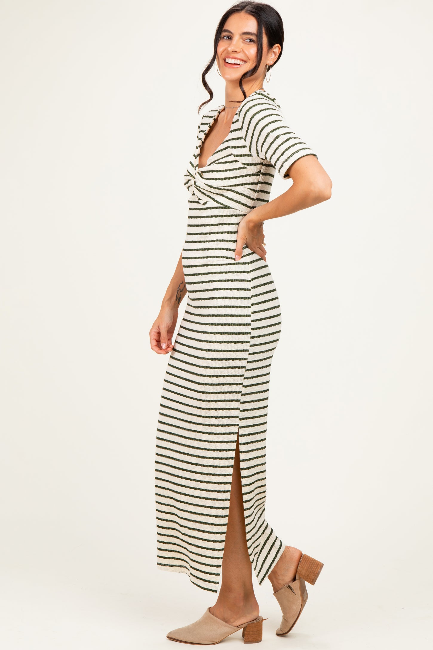 Cream/ Olive Striped Knit Short Sleeve Maxi Dress