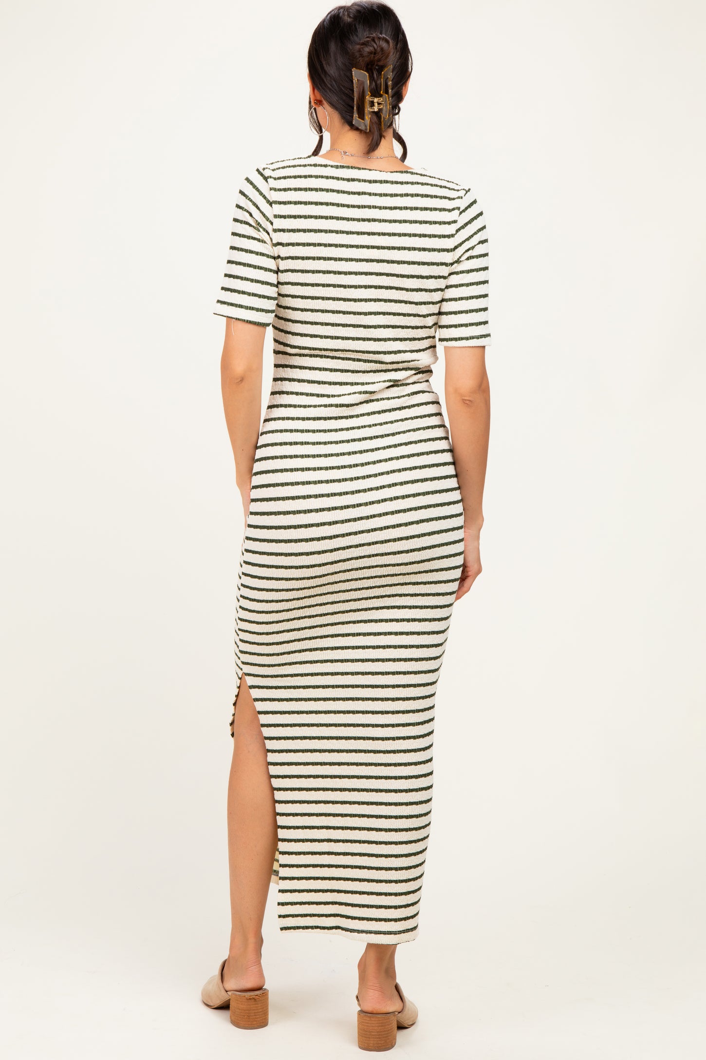 Cream/ Olive Striped Knit Short Sleeve Maxi Dress