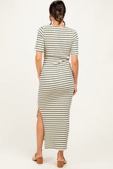 Cream/ Olive Striped Knit Short Sleeve Maxi Dress