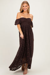 Brown Lace Off Shoulder Maternity Maxi Dress