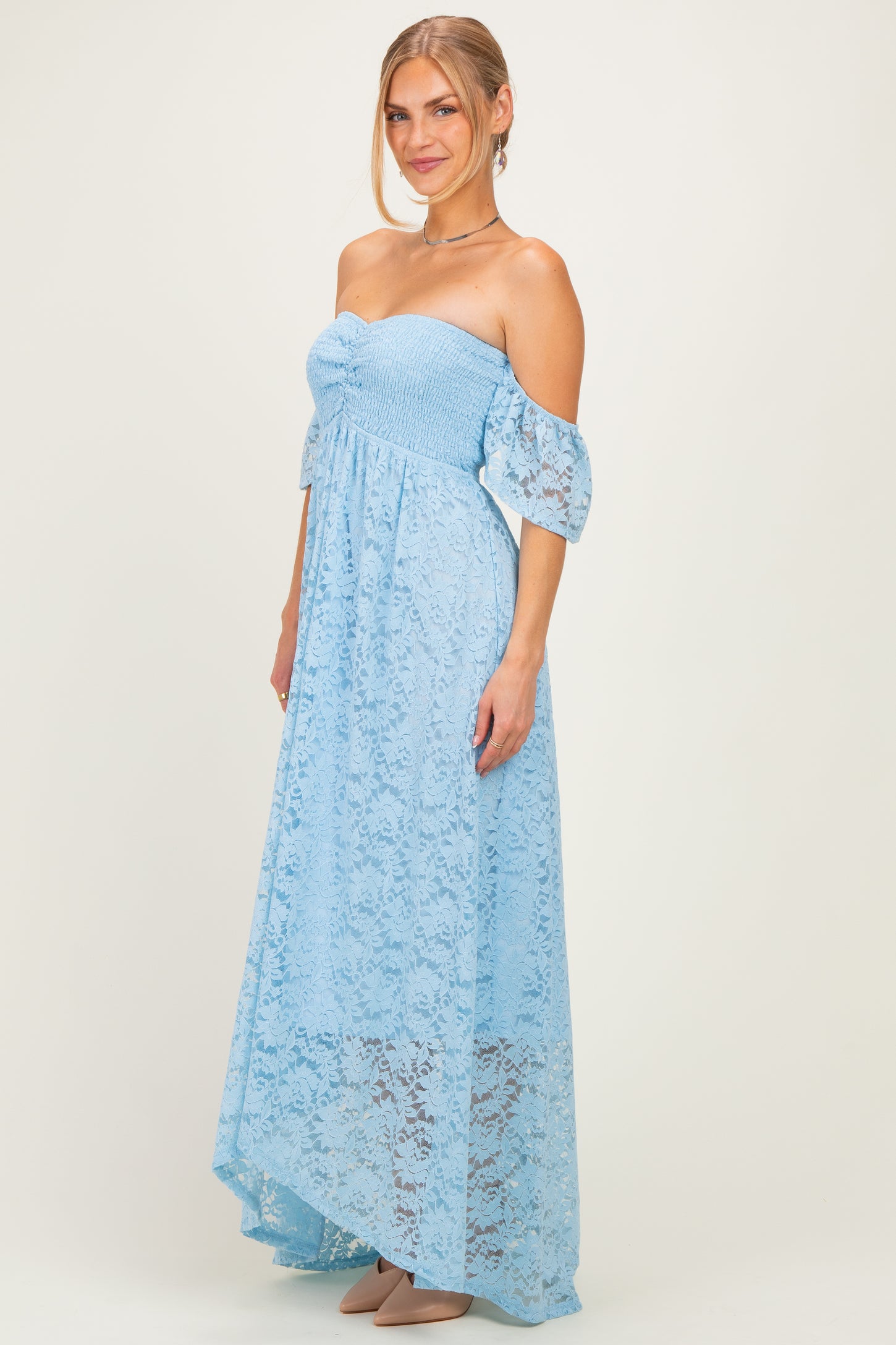 Light Blue Lace Off Shoulder Maxi Dress