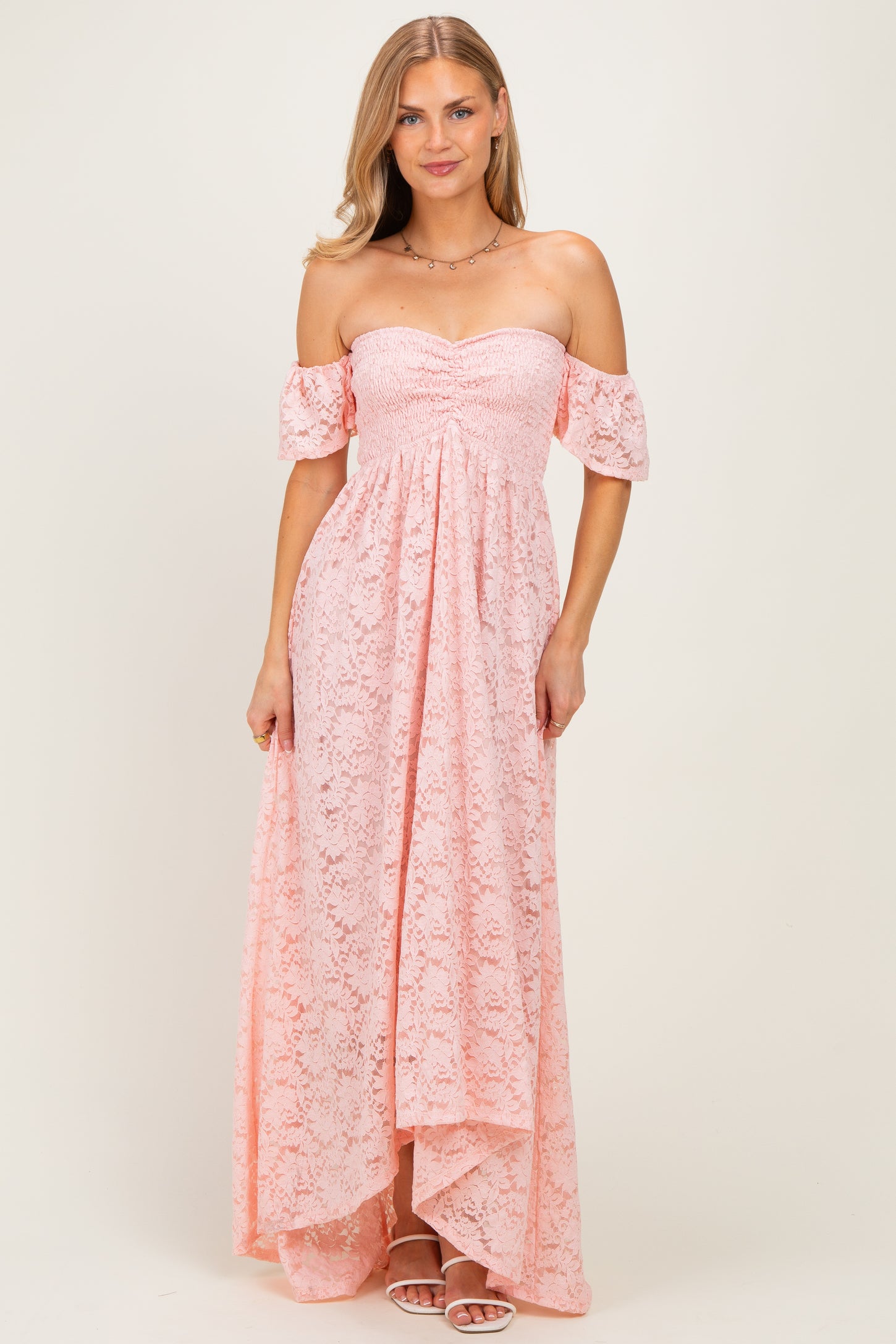 Light Pink Lace Off Shoulder Maxi Dress