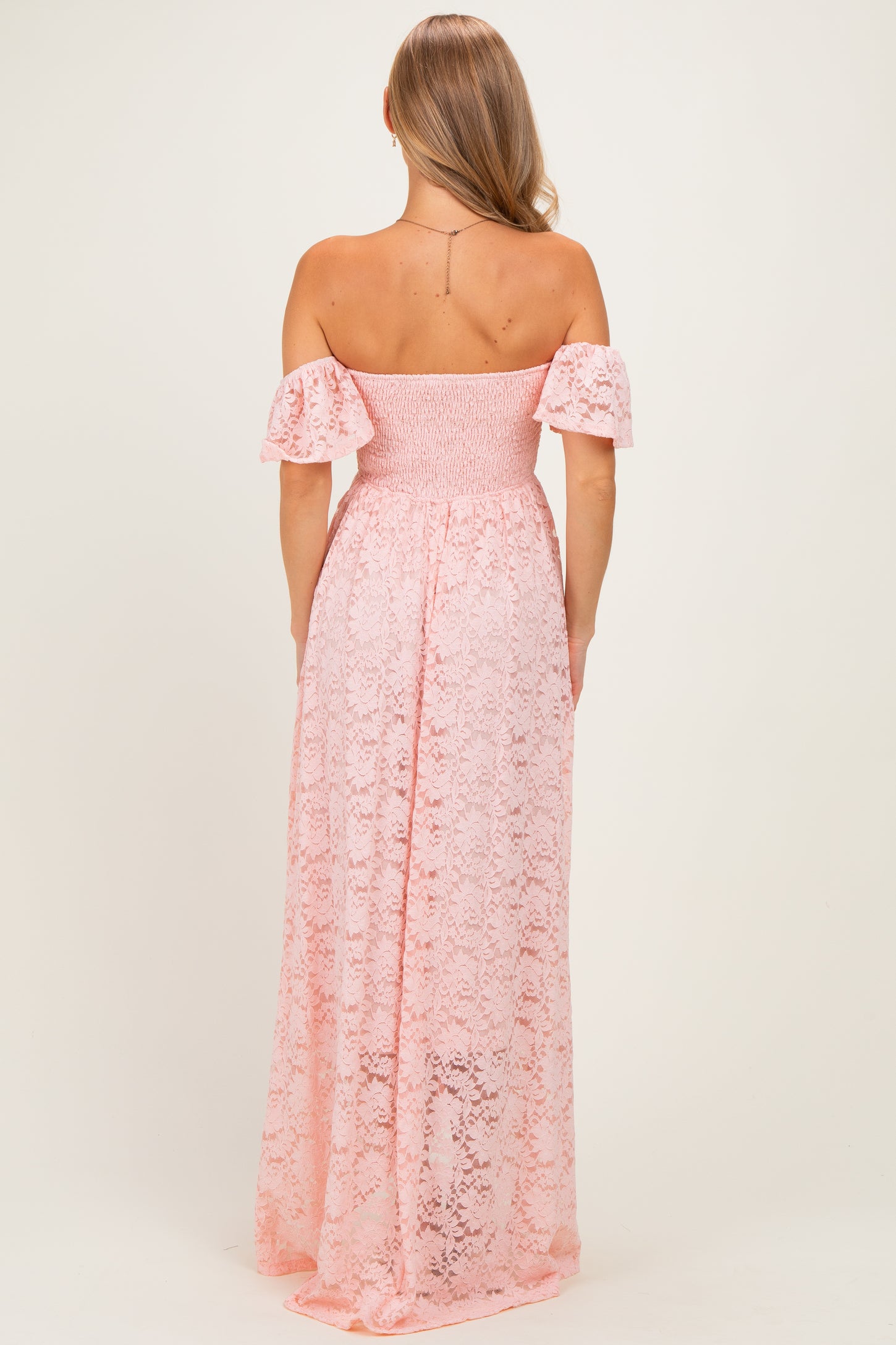 Light Pink Lace Off Shoulder Maxi Dress