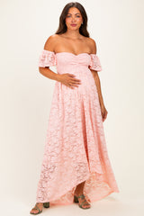 Light Pink Lace Off Shoulder Maternity Maxi Dress